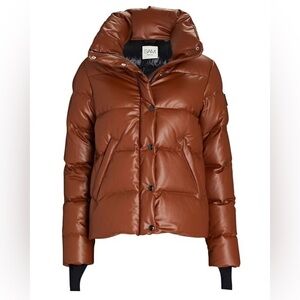 SAM. Isabel Vegan Down Puffer Jacket Faux Leather Stowaway Hood Saddle Brown S